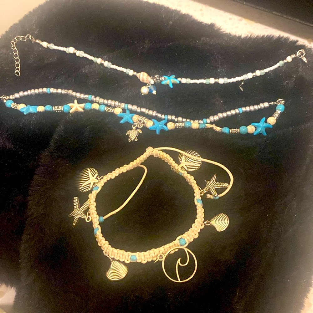 Bracelet with two anklets braces like macramé with a bunch of sea life charm new